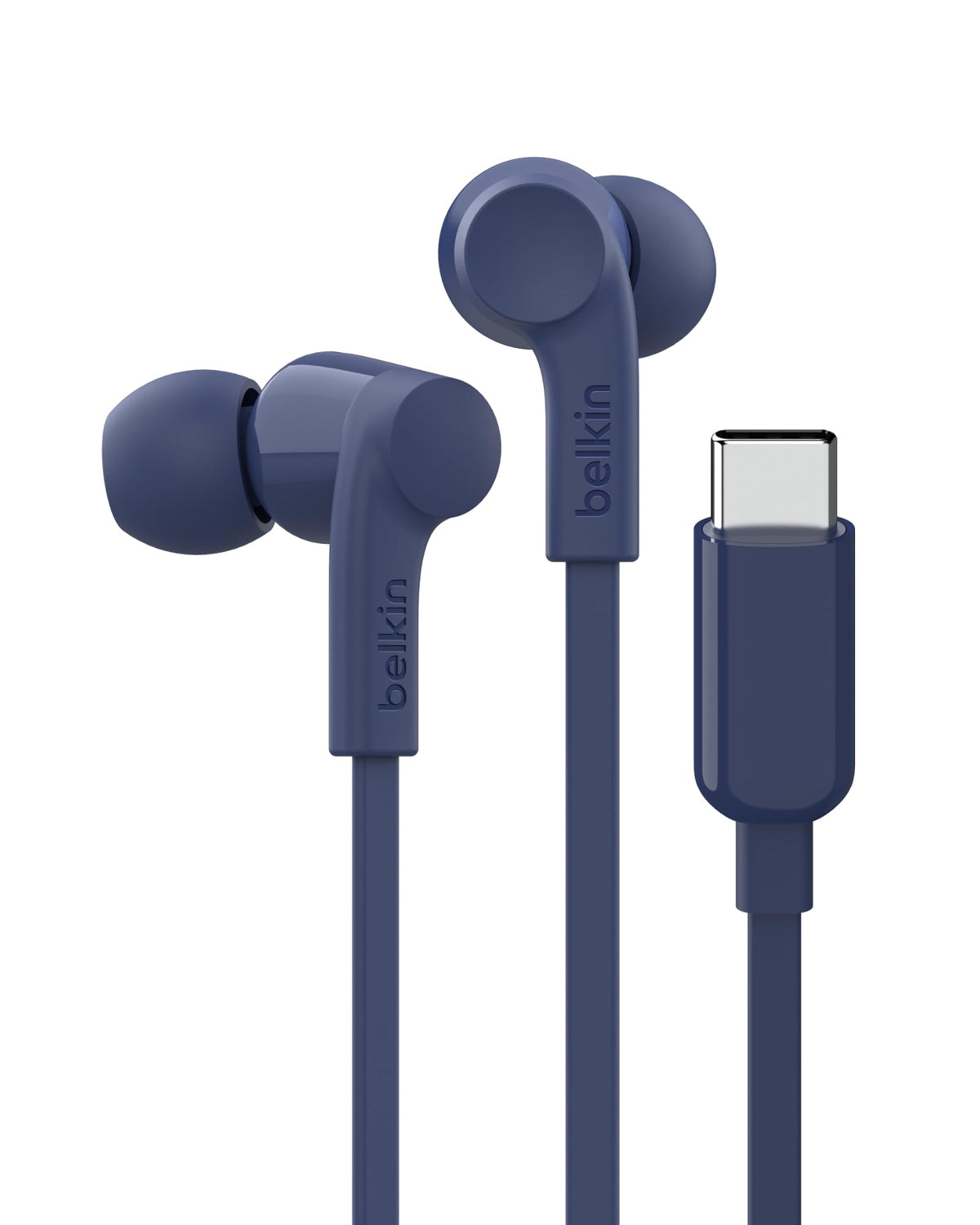 Belkin SoundForm USB-C earbuds with flat cable for tangle-free listening.