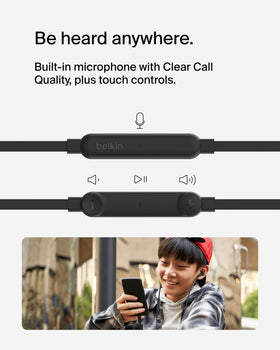 Belkin SoundForm earbuds with built‑in microphone for calls on the go.