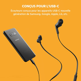 Belkin SoundForm wired earbuds with flat, tangle-free cable showcased for easy travel.