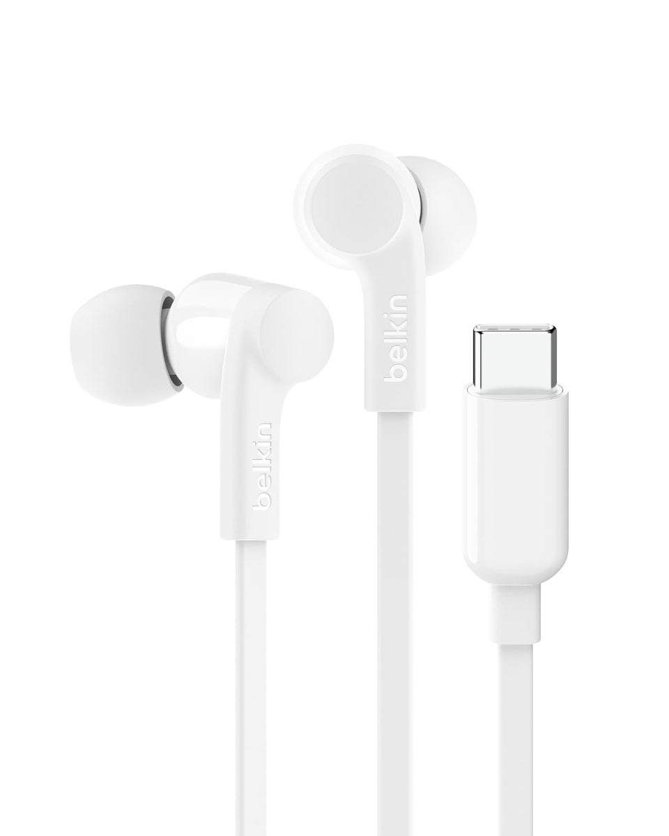 Belkin SoundForm earbuds with flat cable for tangle-free transport.