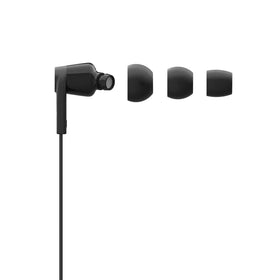 Belkin SoundForm wired earbuds connected to iPhone highlight quick access to volume and call controls.