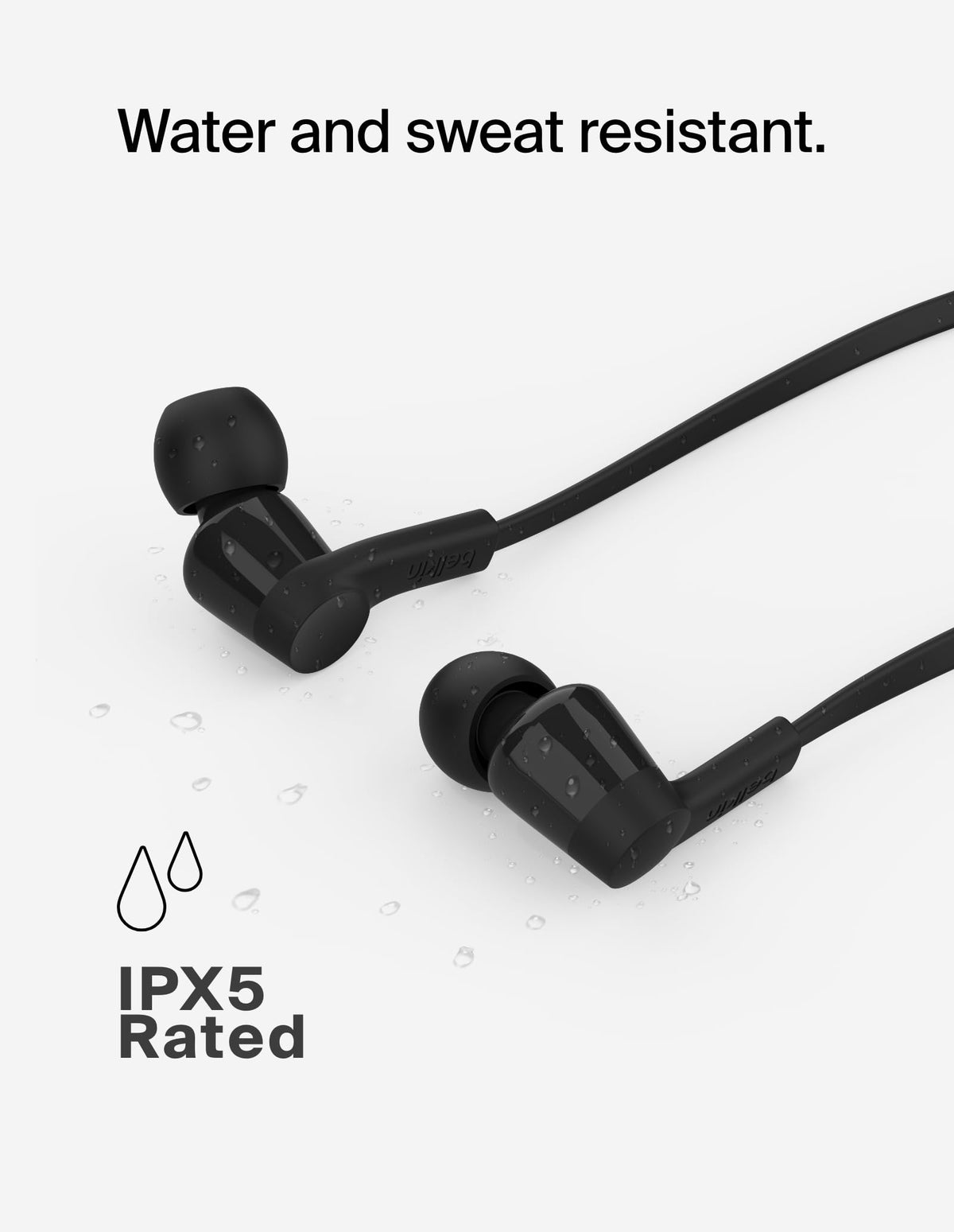 Belkin SoundForm IPX5 water‑resistant earbuds for workouts and rain.