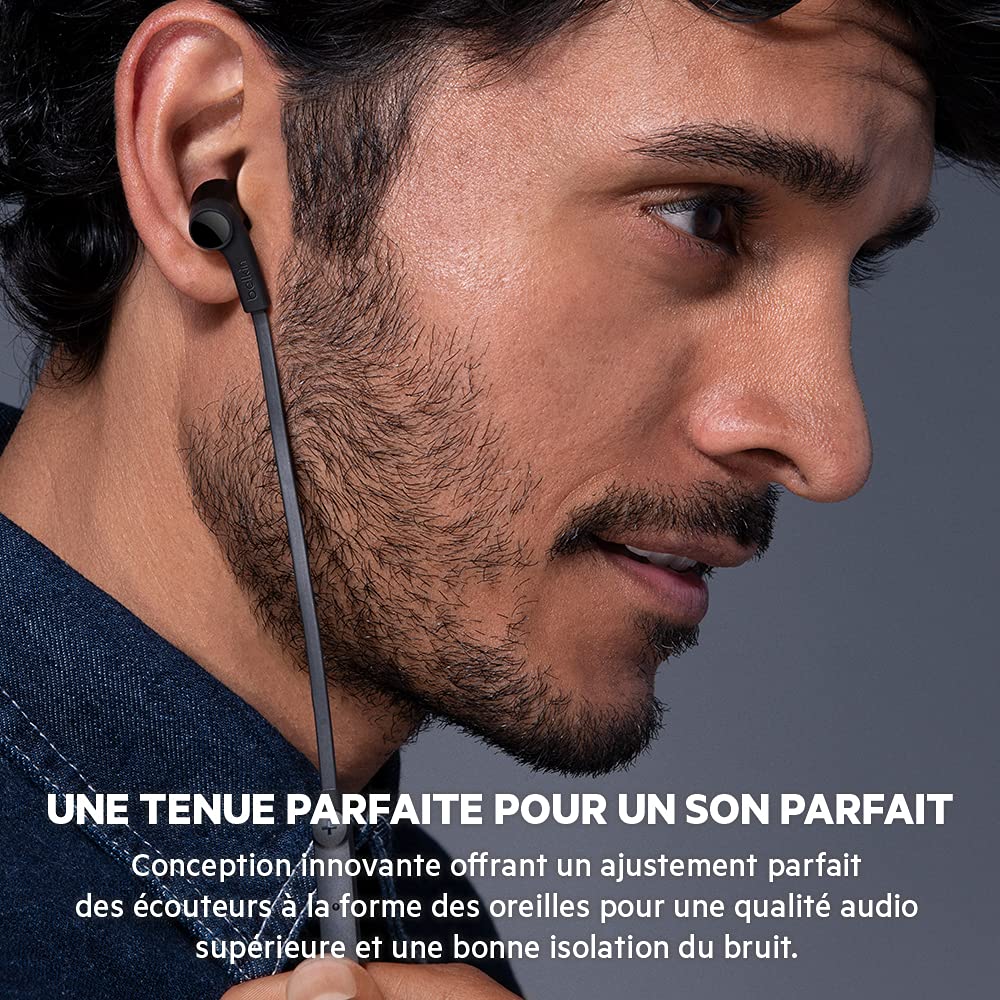 Belkin SoundForm wired earbuds microphone and control box captured for hands-free calls and media control.