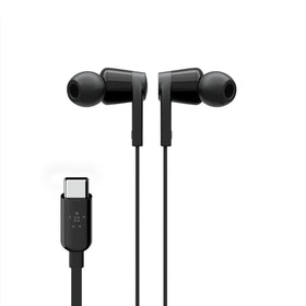 Belkin SoundForm wired earbuds USB-C connector close-up showing plug-and-play compatibility and audio clarity.