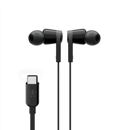 Belkin SoundForm wired earbuds USB-C connector close-up showing plug-and-play compatibility and audio clarity.