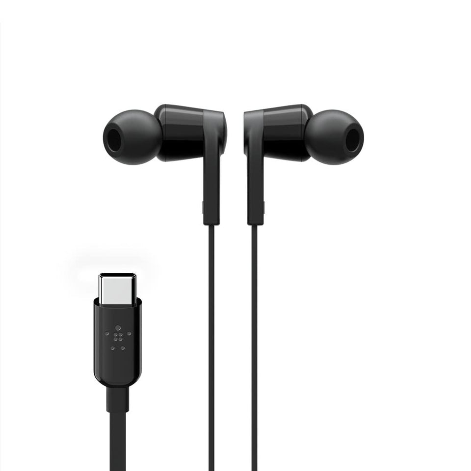 Belkin SoundForm wired earbuds USB-C connector close-up showing plug-and-play compatibility and audio clarity.