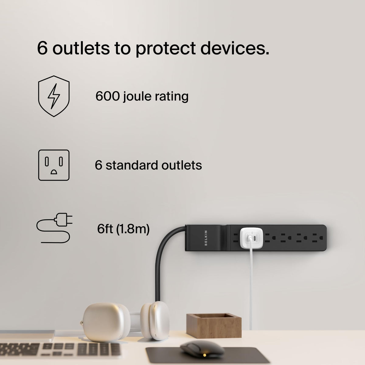 Belkin power strip with a six-foot cord keeps devices within reach