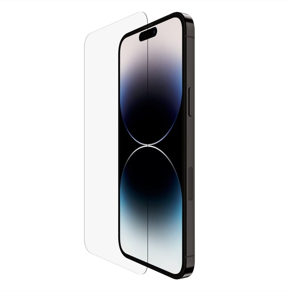 Belkin tempered glass screen protector for iPhone 14 Pro Max with 9H scratch resistance.