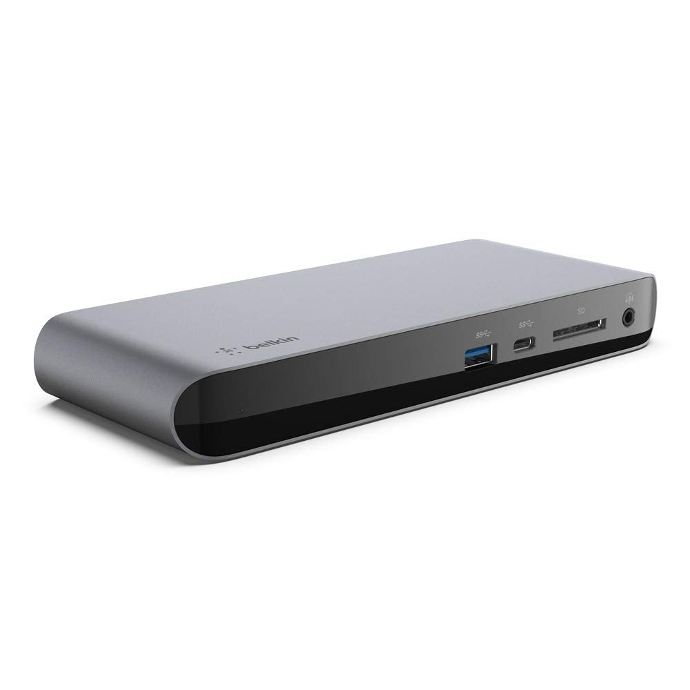 Belkin Dock Pro back ports showing DisplayPort, Ethernet, and multiple USB connections.