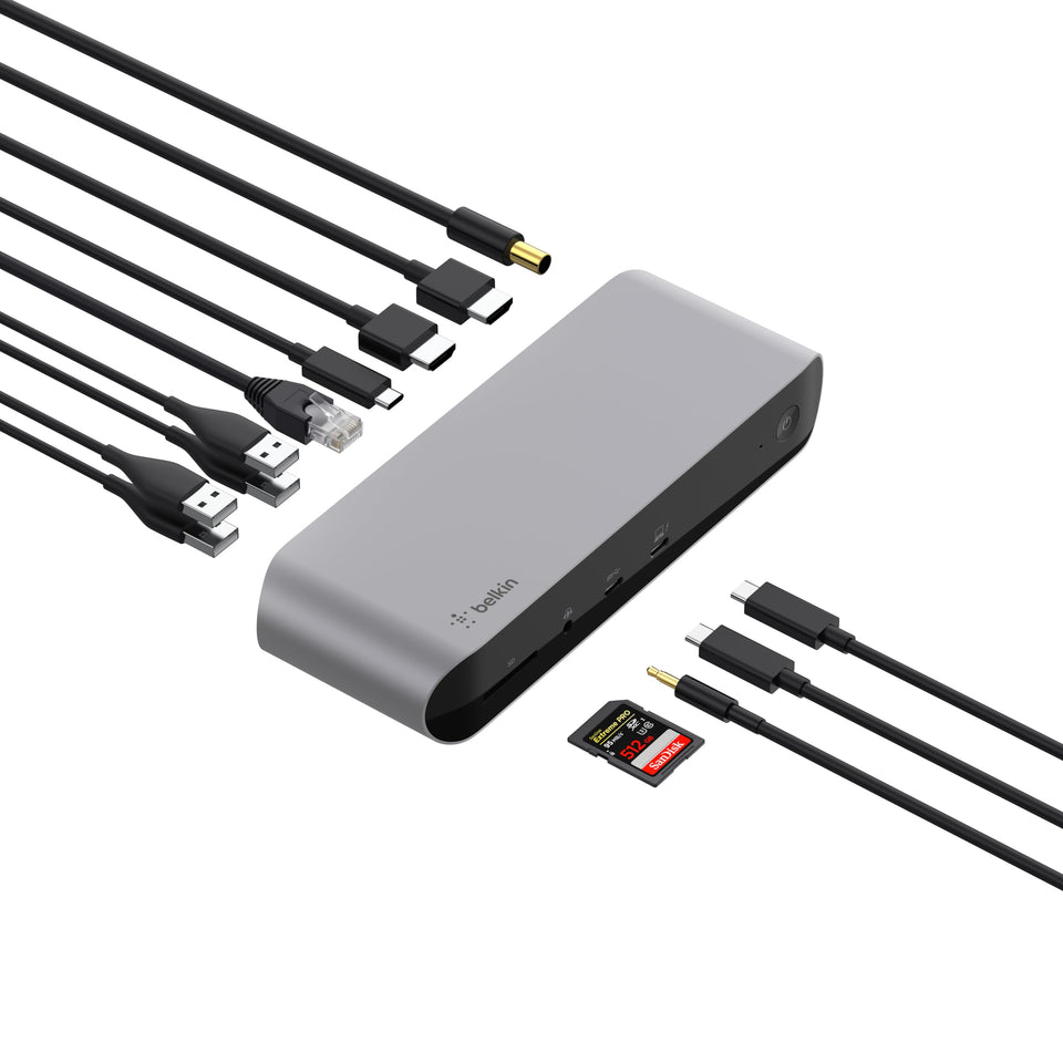 Belkin Thunderbolt 3 Dock Pro front ports for fast USB, SD, and audio access.