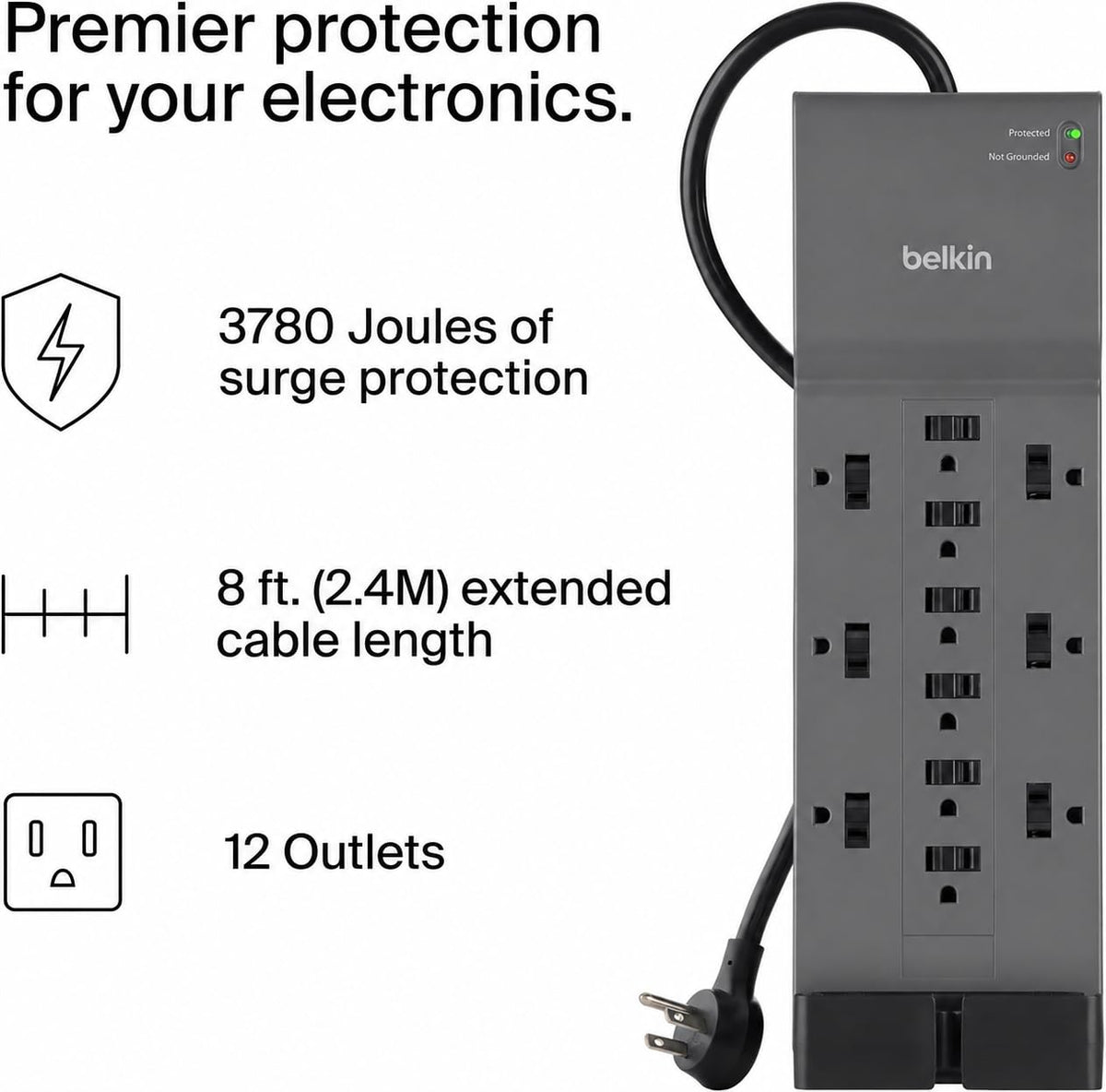 Belkin top view of 12 outlets demonstrating wide spacing for bulky plugs