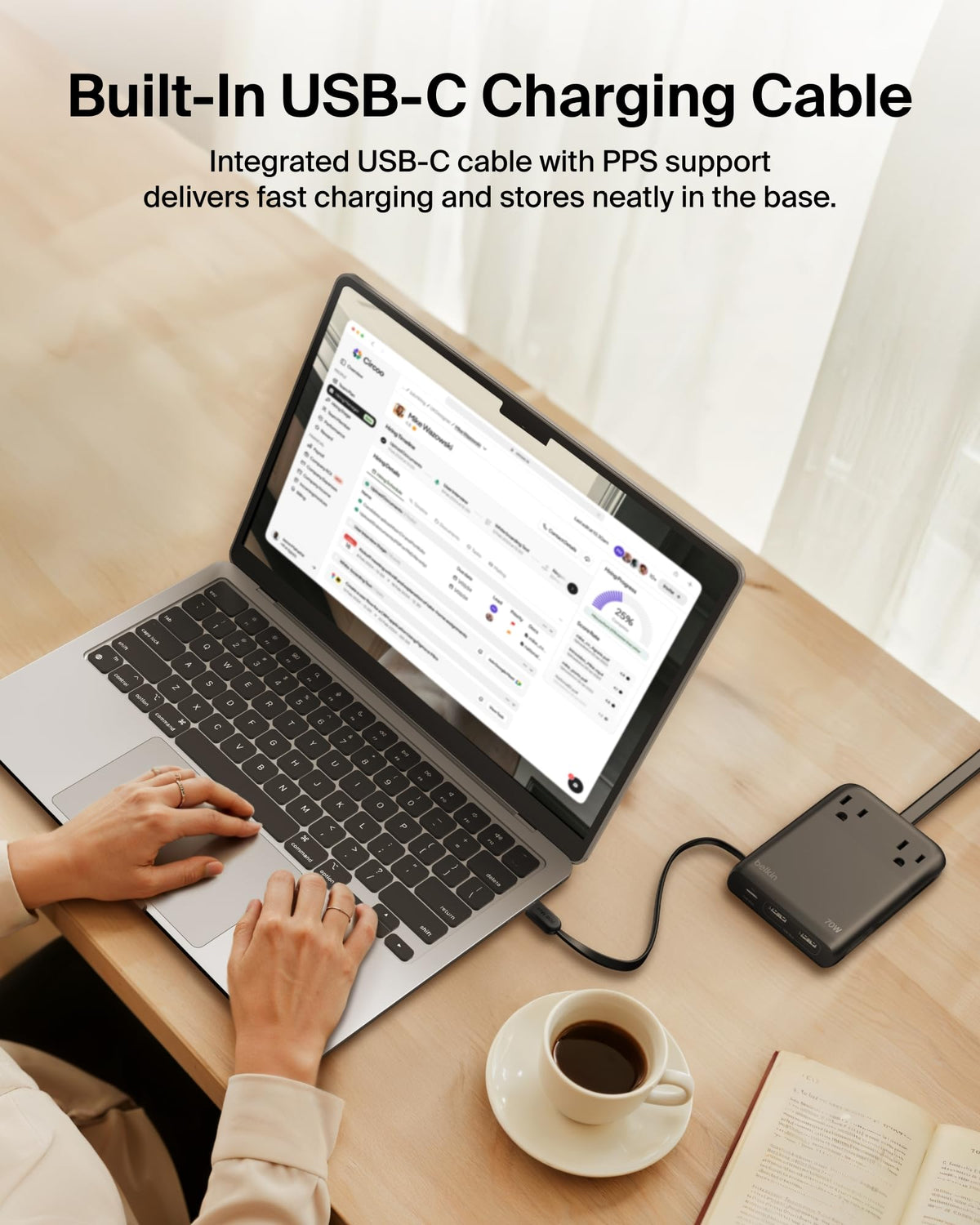 Belkin travel power strip closeup of AC outlets and USB ports, supports laptops and accessories safely
