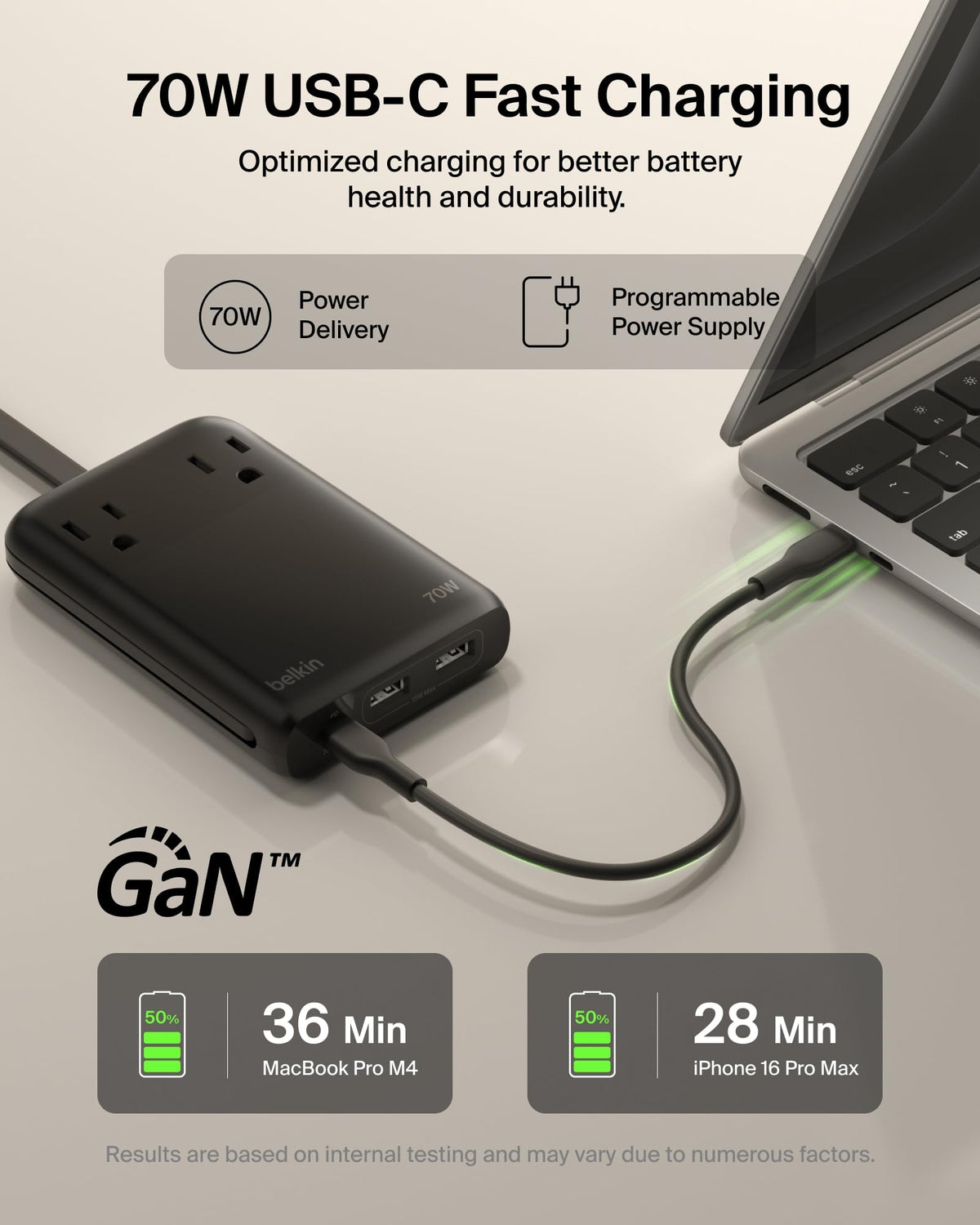 Belkin travel power strip built‑in USB‑C cable detail, offers handy always‑ready charging