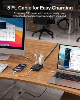 Belkin travel power strip laid out to show 5ft cord and Velcro strap for tidy cable management