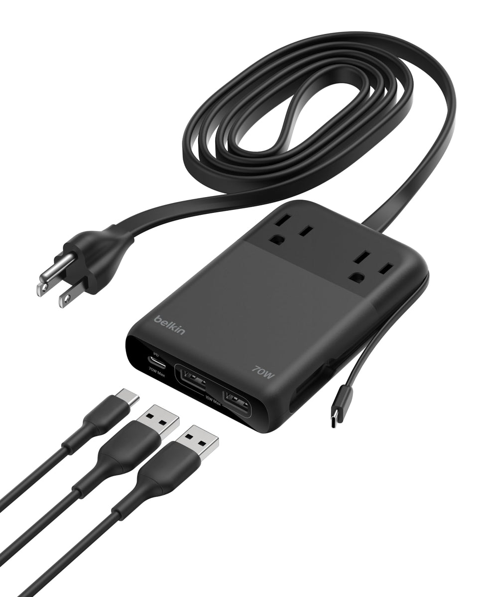 Belkin travel power strip front view showing ports and compact form, ideal for charging multiple devices