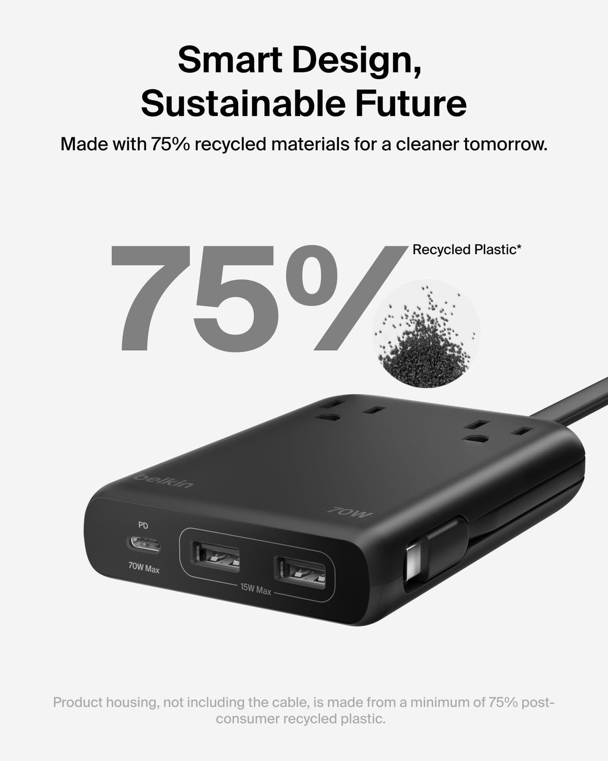 Belkin travel power strip label indicating post‑consumer recycled plastic housing for eco benefit