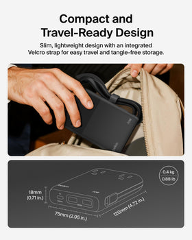 Belkin travel power strip powering laptop and phone on a desk, simplifies multi‑device setups