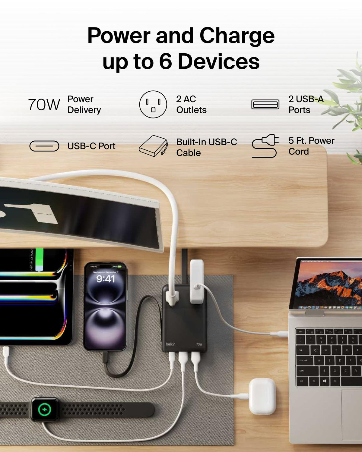 Belkin travel power strip side profile with 90‑degree flat plug, saves space behind furniture