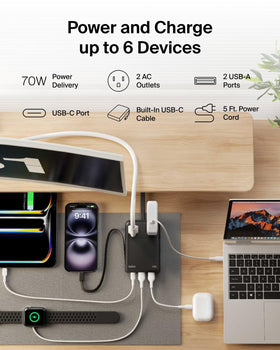Belkin travel power strip side profile with 90‑degree flat plug, saves space behind furniture