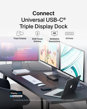 Belkin triple-display docking back ports showing cable organization