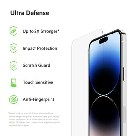 Belkin UltraGlass for iPhone 14 Pro Max highlights antimicrobial protection for a cleaner display.