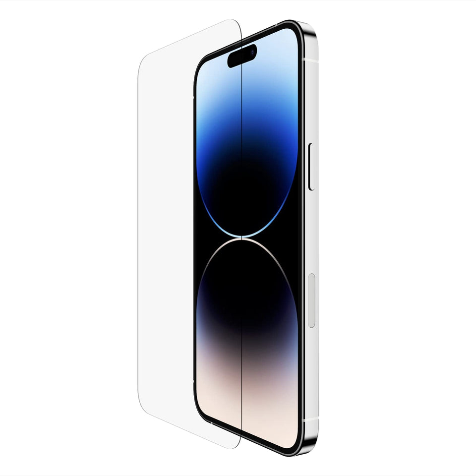 Belkin UltraGlass screen protector close-up shows crystal clarity and strong scratch resistance.