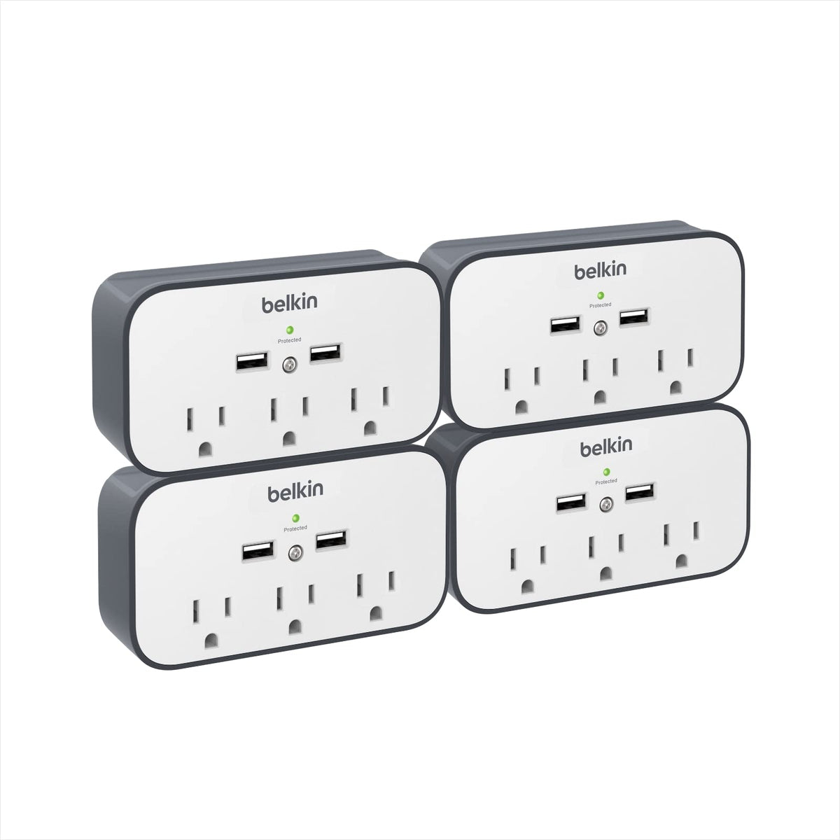 Belkin wall mount surge protector with 3 outlets and two USB ports for organized workspace charging