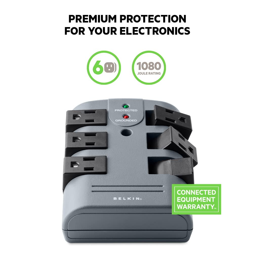 Belkin wall-mount surge protector installed to save desk space and organize cords