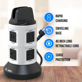 Bell+Howell closeup of USB and AC ports illustrating fast smart charging benefit