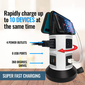 Bell+Howell device shelf holding phones and tablets showing tidy charging benefit