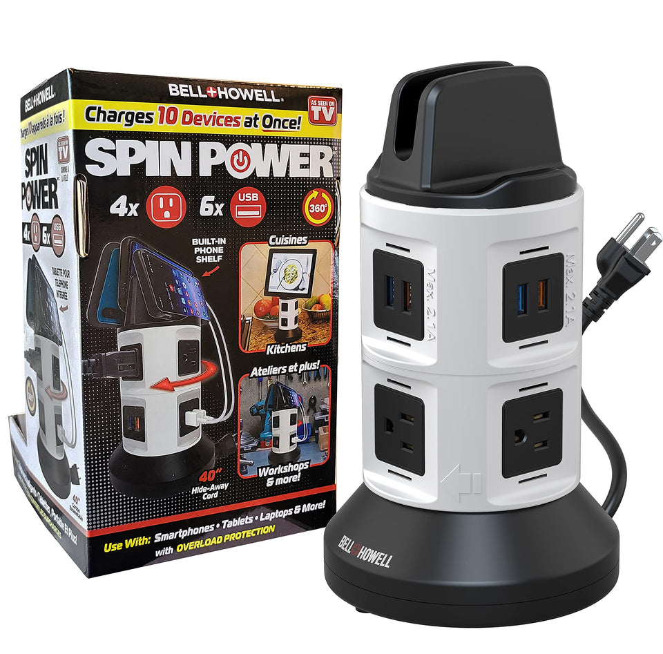 Bell+Howell front view of spin tower showing all outlets and USB ports benefit organized charging