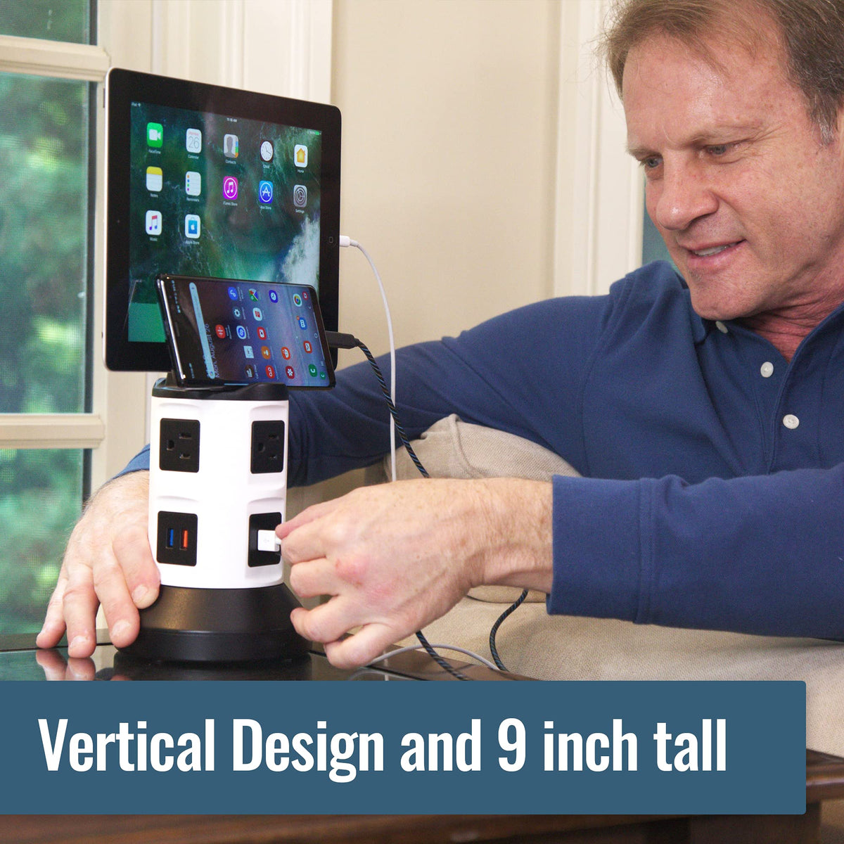 Bell+Howell on desk with multiple devices charging showing clutter-free workspace benefit