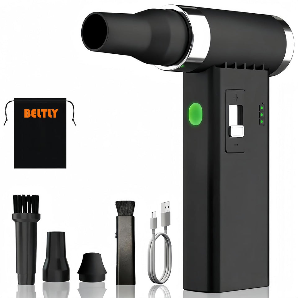 BELTLY compressed air duster delivers 110,000 RPM for keyboard and PC dust removal.