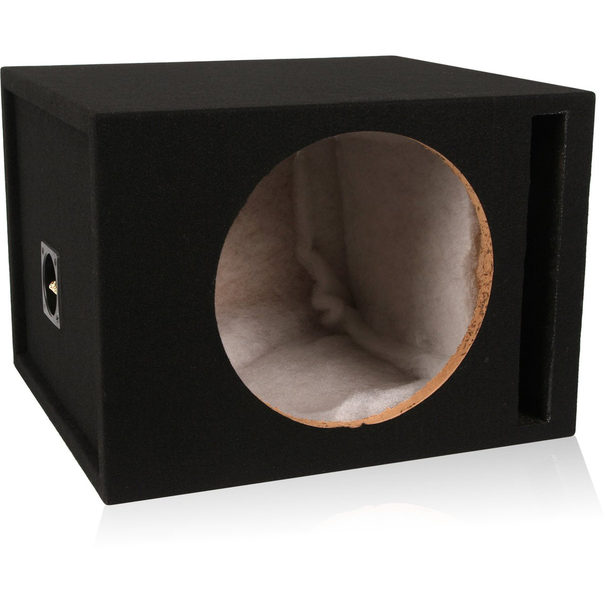 BELVA 1SV12B front view enclosure showing durable 3/4-inch MDF and carpeting