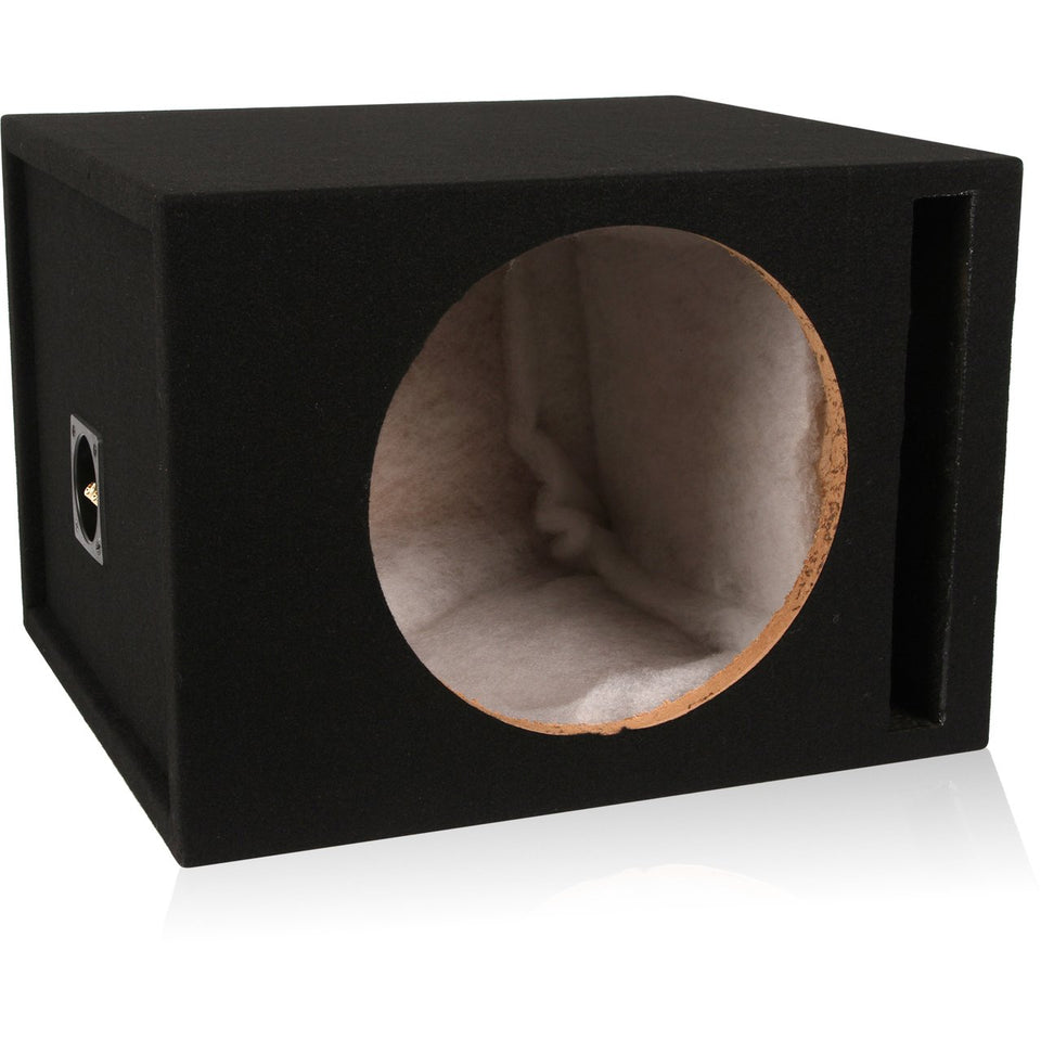BELVA 1SV12B front view enclosure showing durable 3/4-inch MDF and carpeting