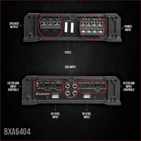 Belva BXA6404 connection panel highlights simple speaker and power wiring setup.