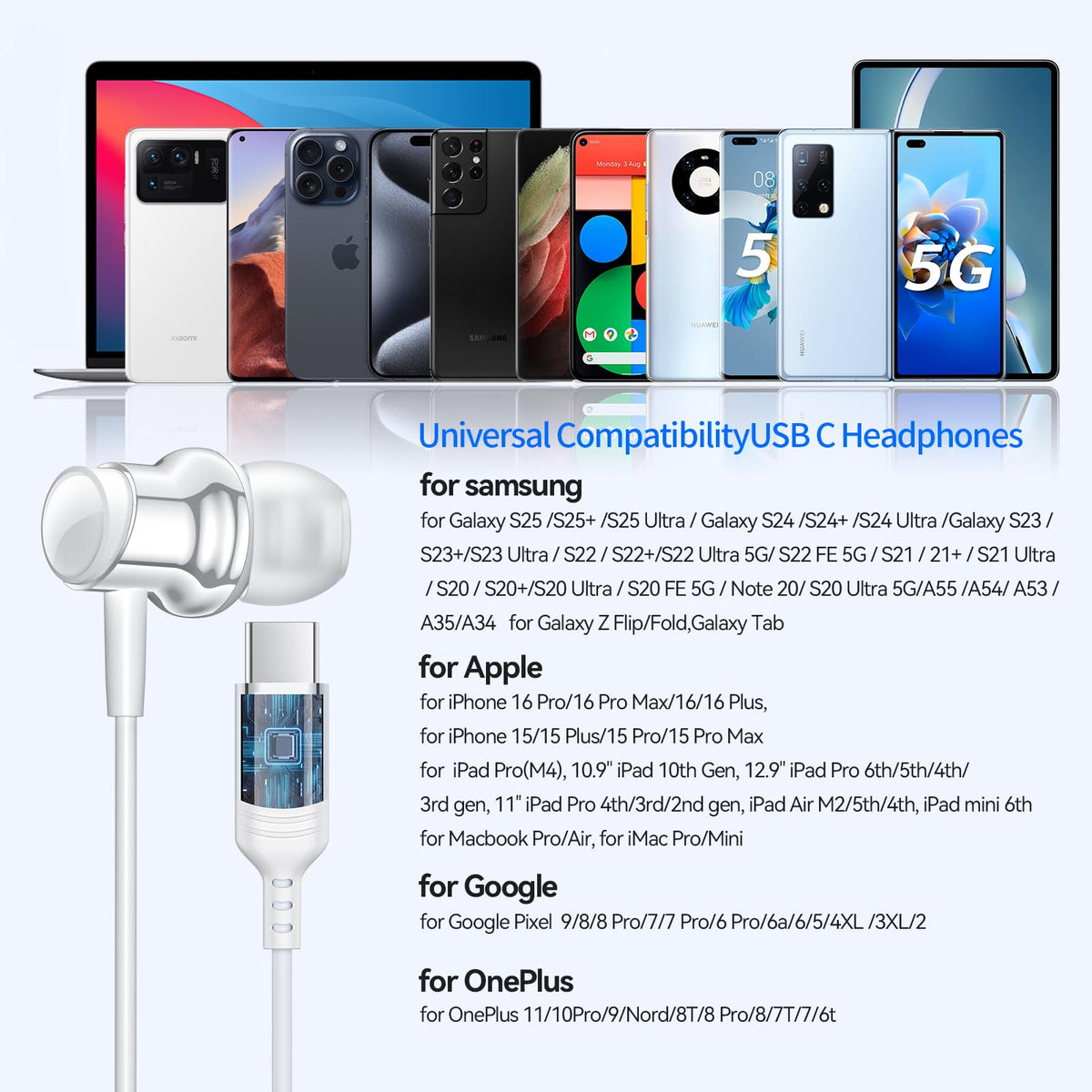 BENEWY USB-C headphones featuring a magnetic neck clip to prevent tangles.