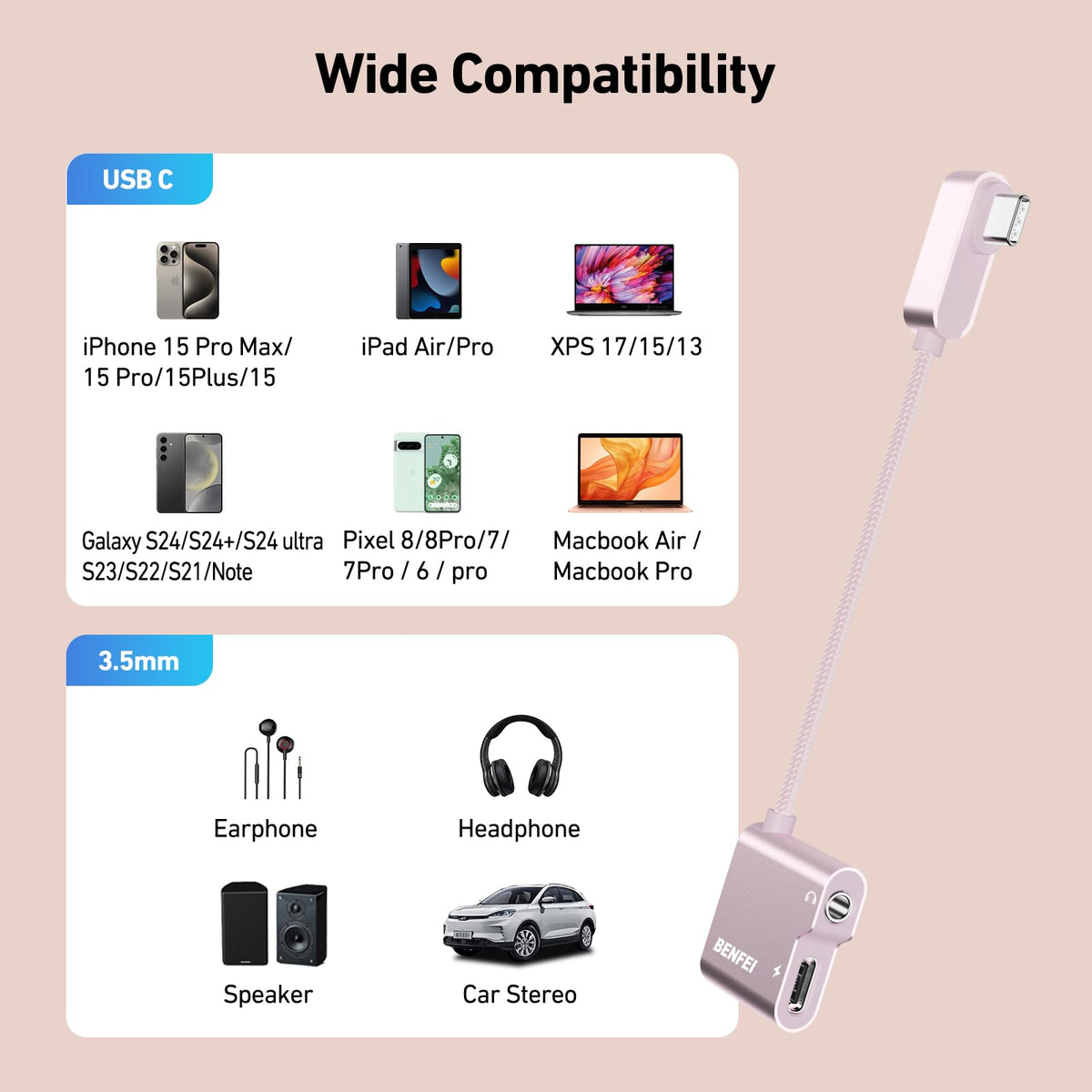 BENFEI pink USB-C adapter angled shot highlights compact travel companion