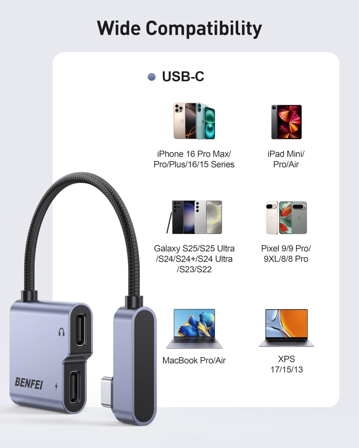 BENFEI USB-C Splitter strain relief enhances durability during use.