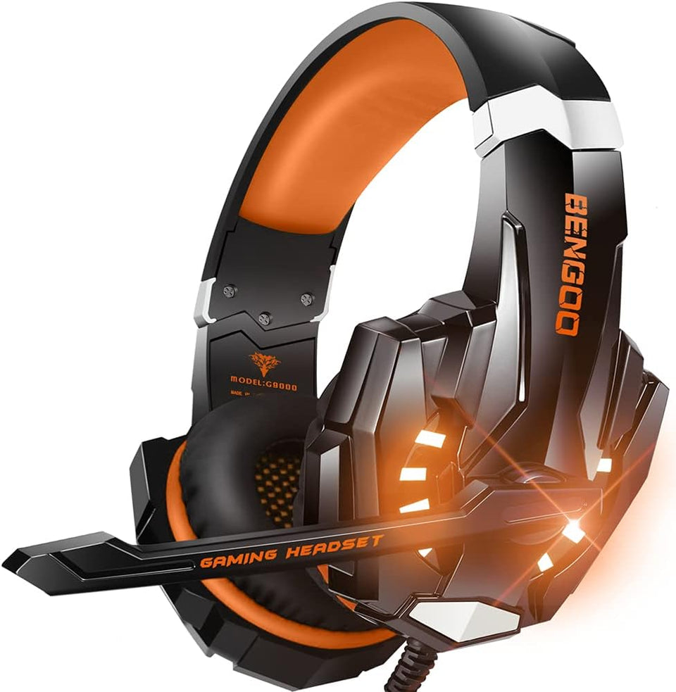 BENGOO G9000 front view showing orange earcups and LED accent for stylish gaming