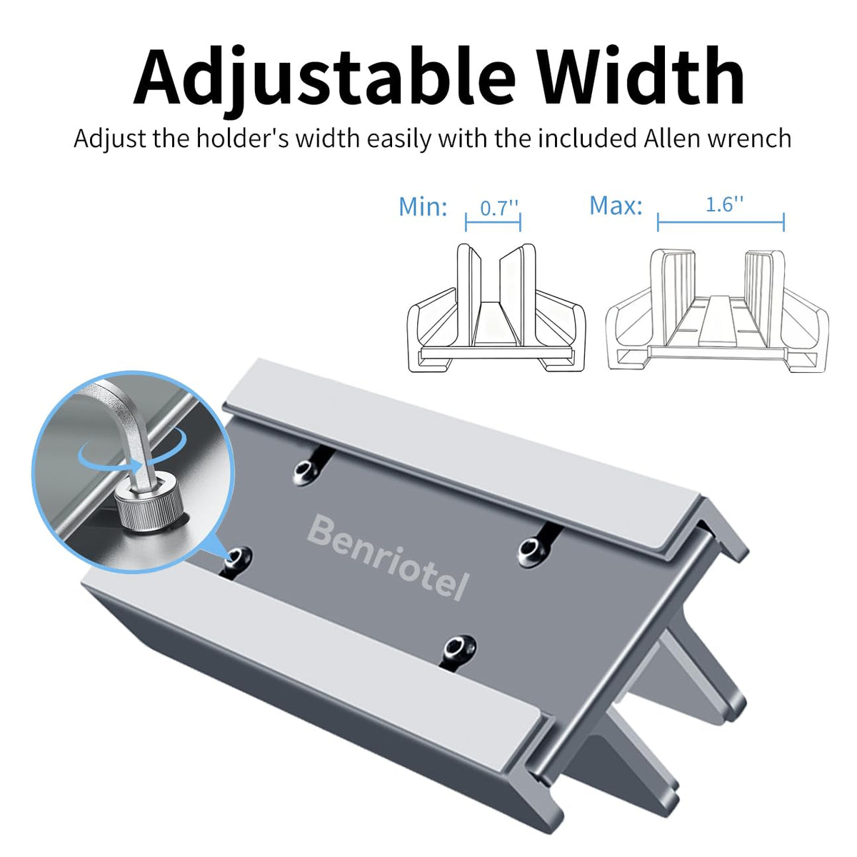Benriotel adjustable slot width close-up shows snug fit for various laptops