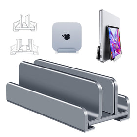 Benriotel vertical laptop stand shown at an angle, space-saving design for tidy desks
