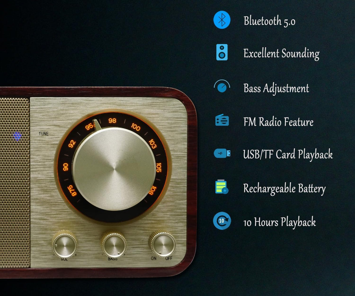 BentMax Walnut FM radio side view emphasizes compact desk footprint