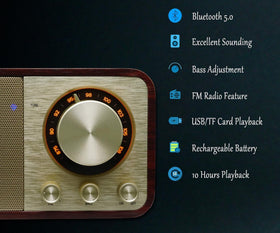 BentMax Walnut FM radio side view emphasizes compact desk footprint