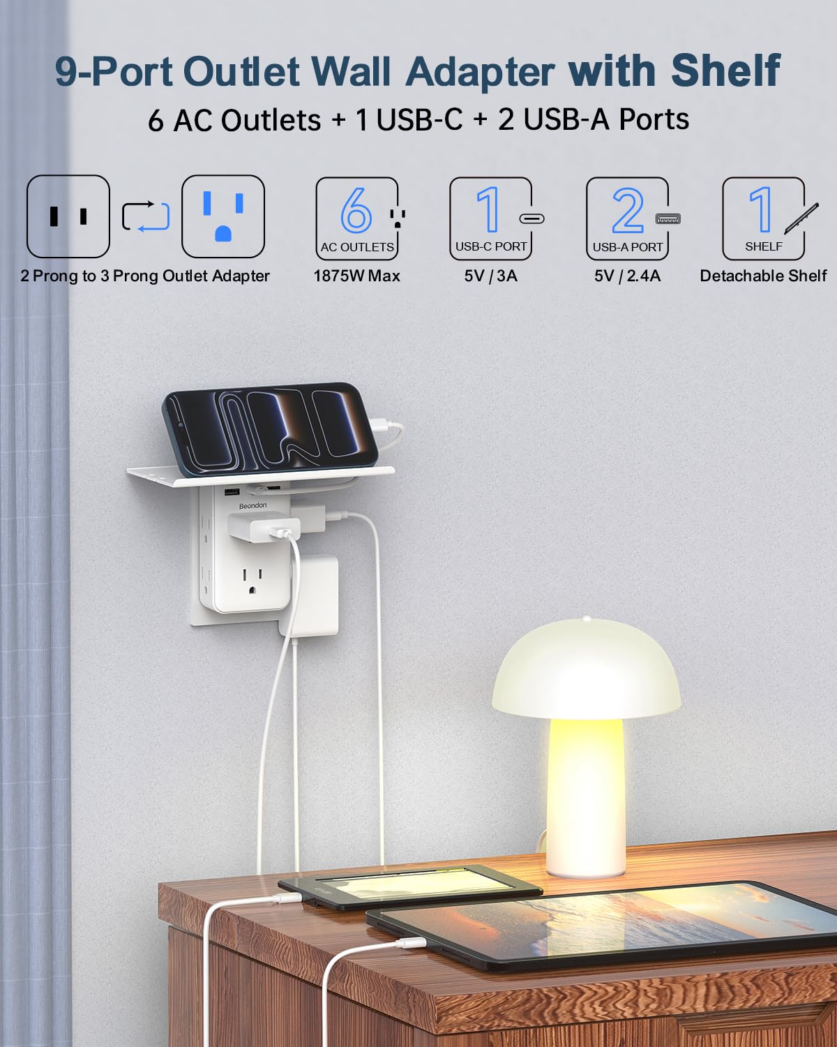 BEONDON dorm room power strip provides USB and AC charging.