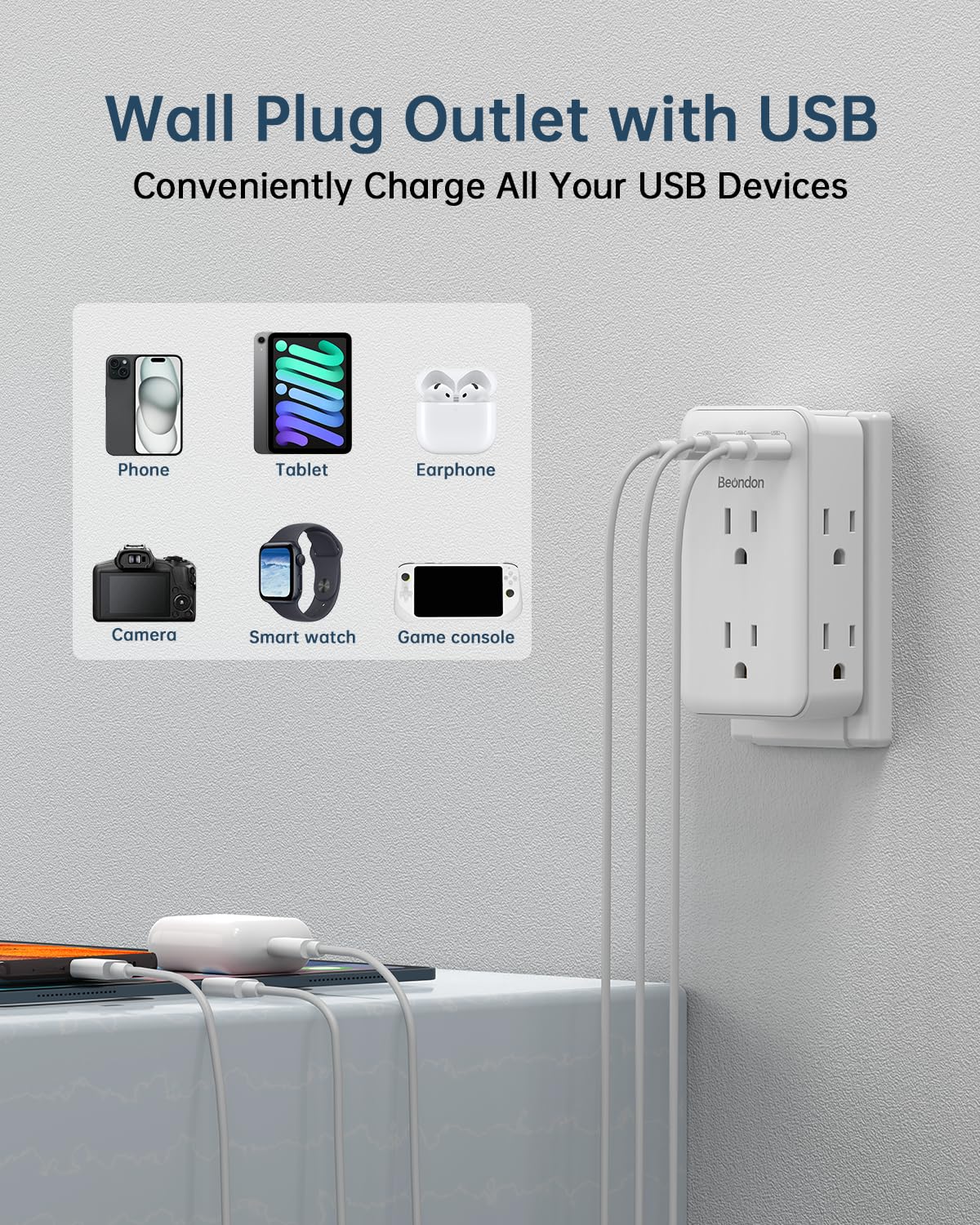 BEONDON plugged behind sofa powering devices, saves space and unclutters cords