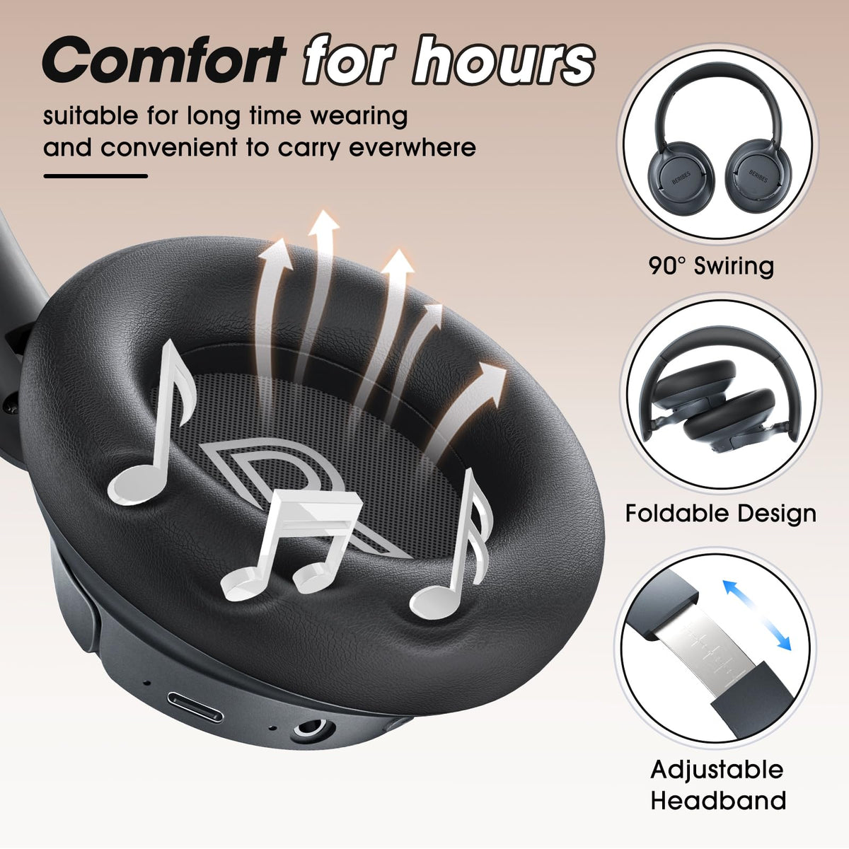 BERIBES earcup close-up showing driver housing and deep bass design