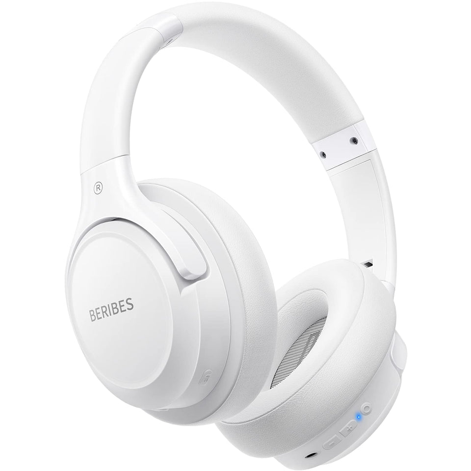 BERIBES front view showing headset profile and packaging, highlights portability
