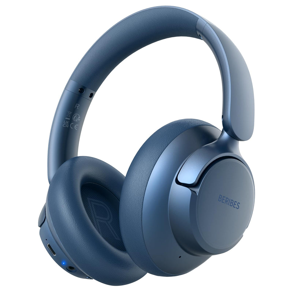 BERIBES front view of blue headphones showing sleek design and portability benefits