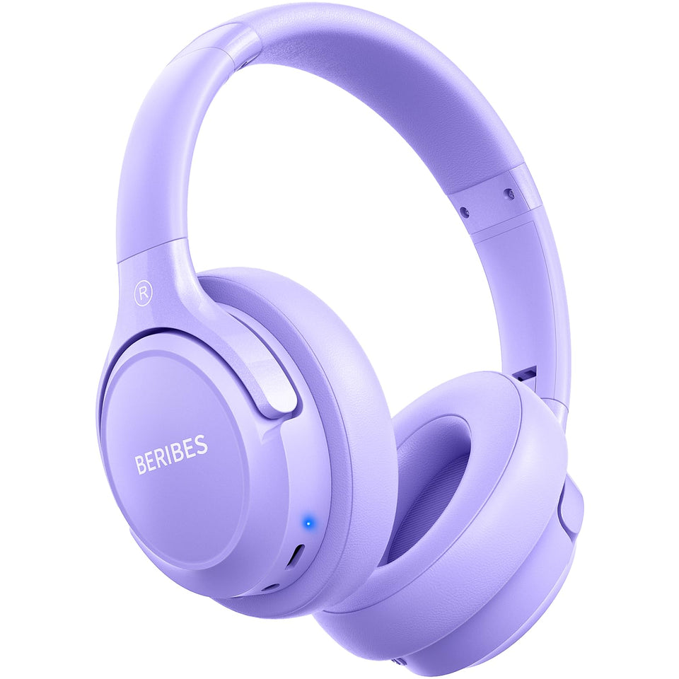 BERIBES front view showing foldable over-ear design and controls for travel convenience